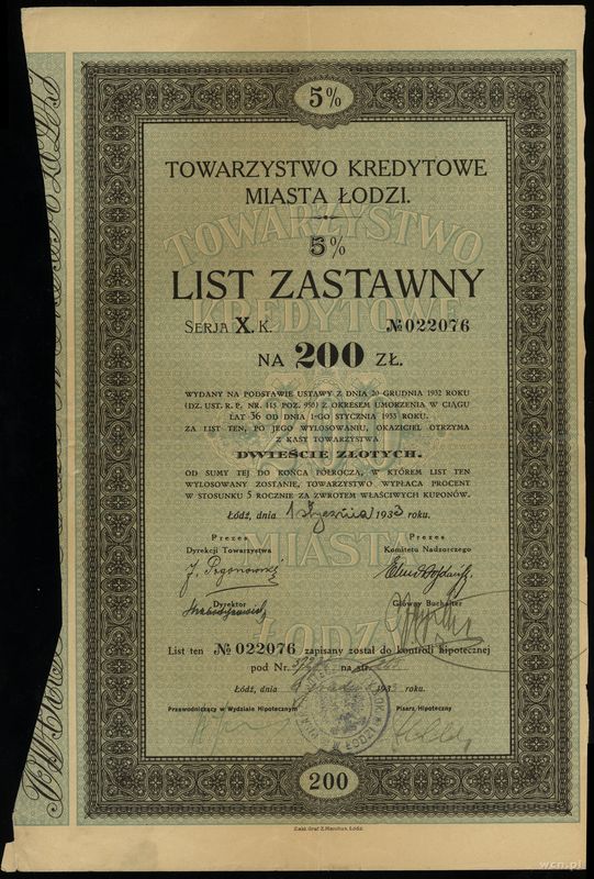 Polska, zestaw: 5% list zastawny na 1.000 złotych oraz 200 złotych, 1.01.1933