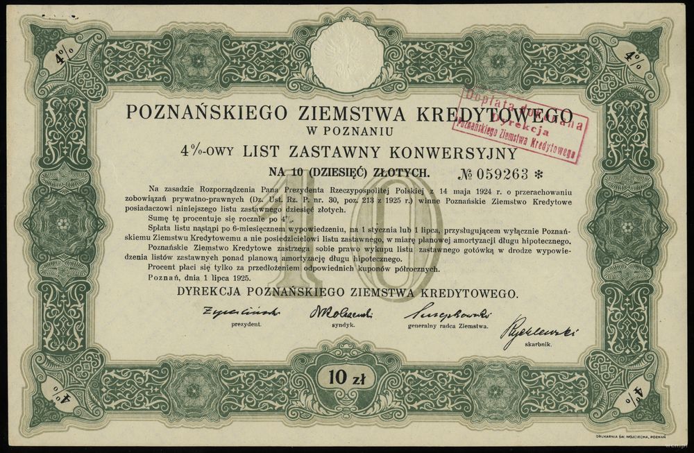 Polska, zestaw: 4% list zastawny konwersyjny na 10 i 100 złotych, 1.07.1925