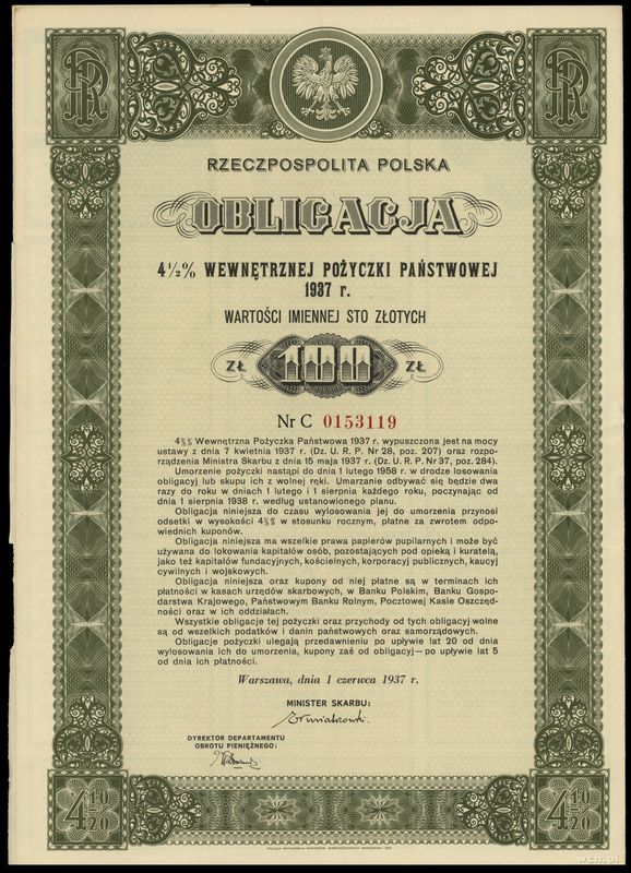 Rzeczpospolita Polska (1918–1939), zestaw: obligacja 4 1/2 % wewnętrznej pożyczki państwowej na 100 i 500 złotych, 1937