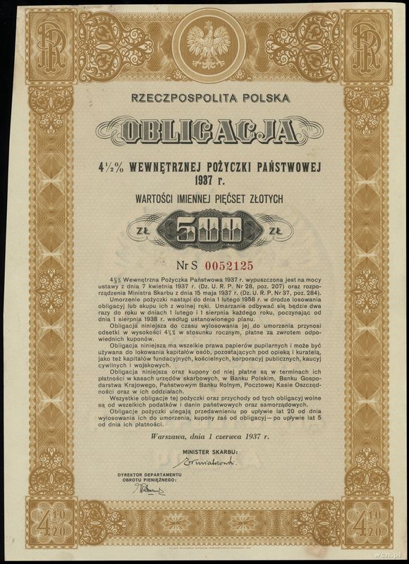 Rzeczpospolita Polska (1918–1939), zestaw: obligacja 4 1/2 % wewnętrznej pożyczki państwowej na 500 i 1.000 złotych, 1937