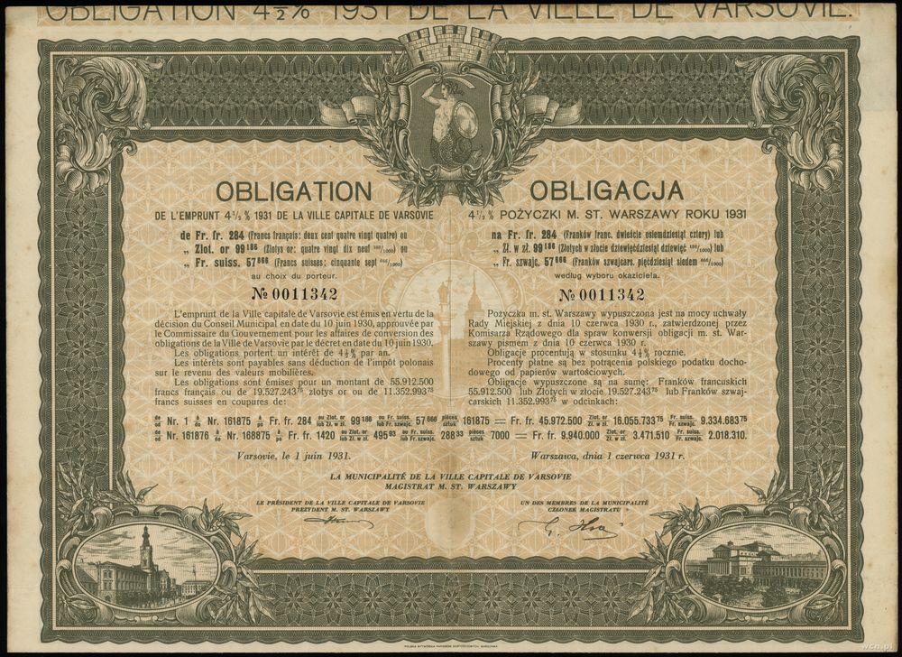 Rzeczpospolita Polska (1918–1939), obligacja 4 1/2 % pożyczki na 284 franki, 1931