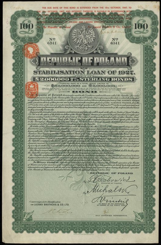 Polska, 7% pożyczka stabilizacyjna na 100 funtów, 1927
