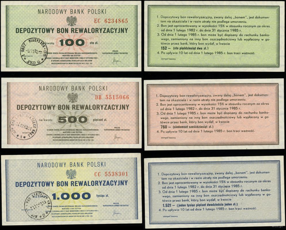 Polska, zestaw depozytowych bonów rewaloryzacyjnych, 1982