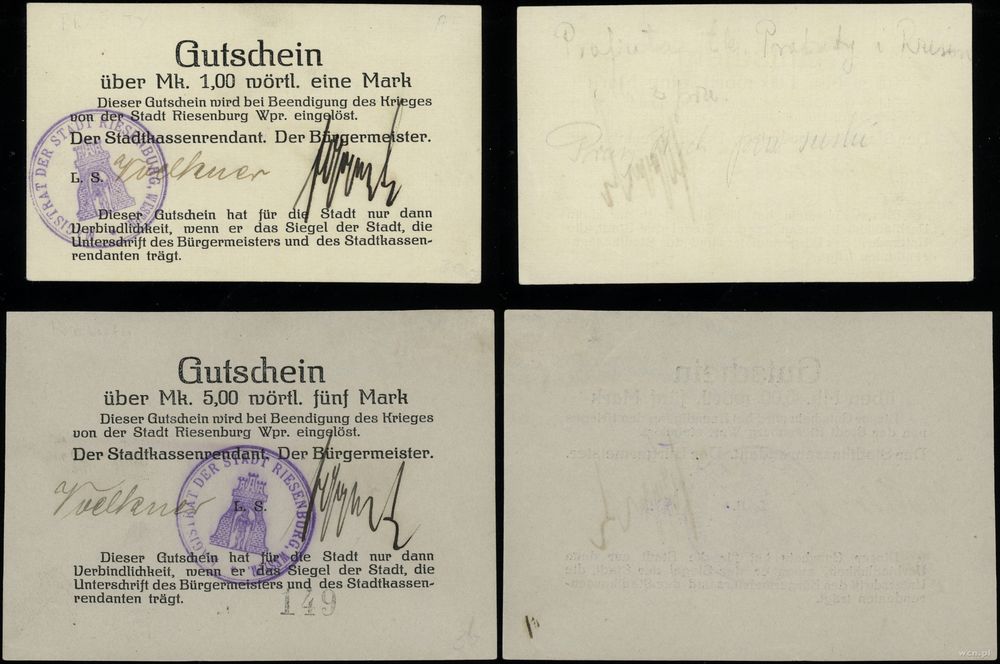 Prusy Zachodnie, zestaw: 1 marka i 5 marek, bez daty (8.08.1914)