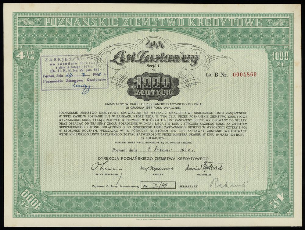 Polska, 4 1/2 % list zastawny na 1.000 złotych, 1.07.1935