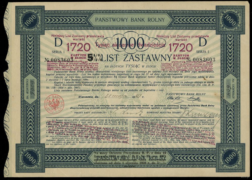 Rzeczpospolita Polska (1918–1939), 5 1/2% list zastawny na okaziciela na 1720 złotych w złocie, 31.05.1927