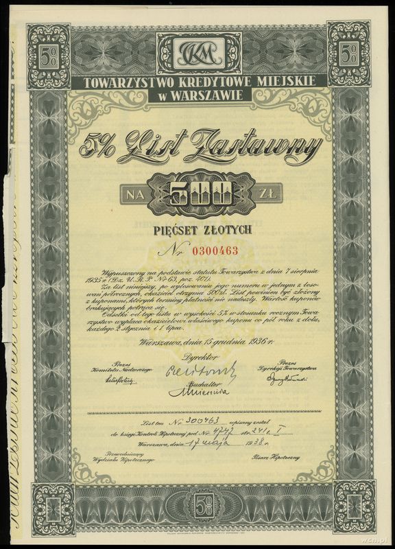 Polska, 5% list zastawny na 500 złotych, 15.12.1936