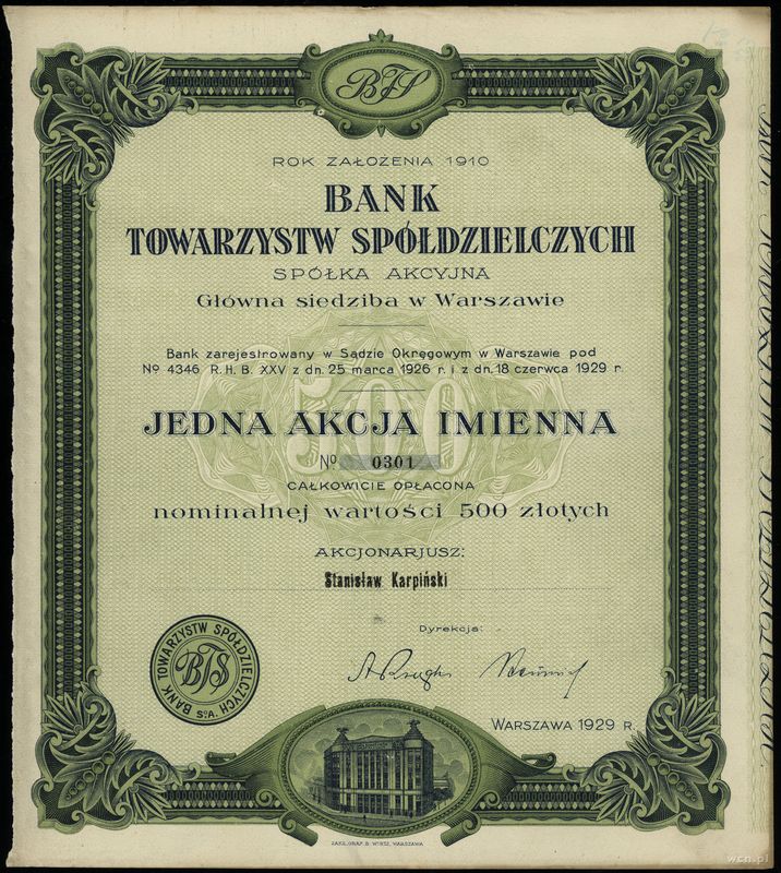 Polska, akcja imienna na 500 złotych, 1929