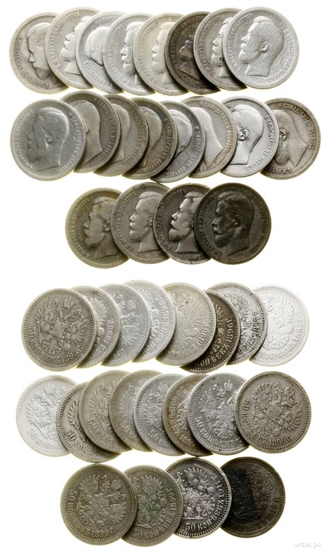Rosja, zestaw 20 x 50 kopiejek, roczniki 1895–1899 i 1911–1912