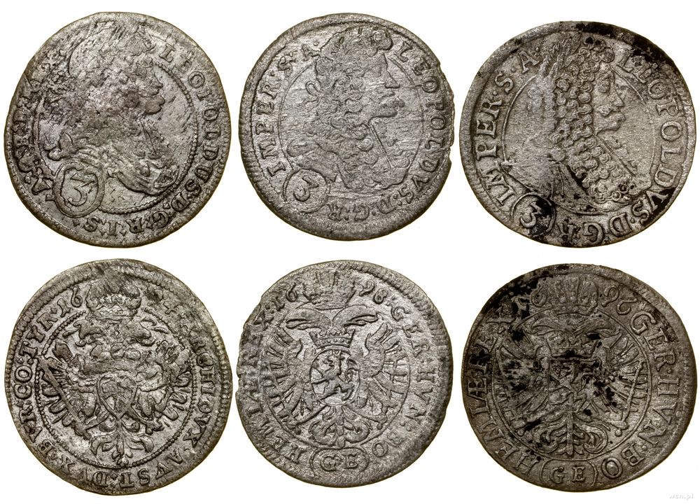 Austria, zestaw 3 x 3 krajcary, 1694 (Wiedeń), 1694 GE (Praga), 1696 GE