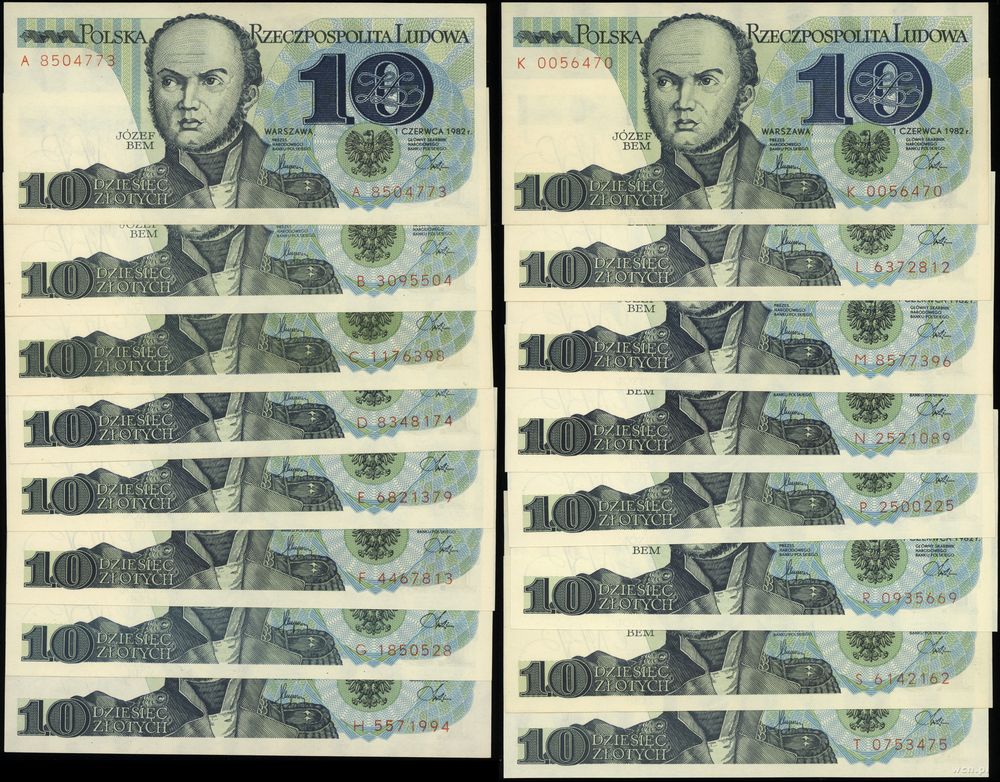 Polska, zestaw: 16 x 10 złotych, 1.06.1982