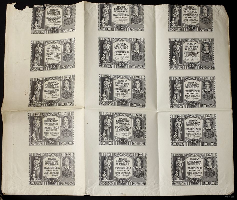 Polska, arkusz nierozciętych banknotów o nominale 20 złotych (15 sztuk), 1.03.1940