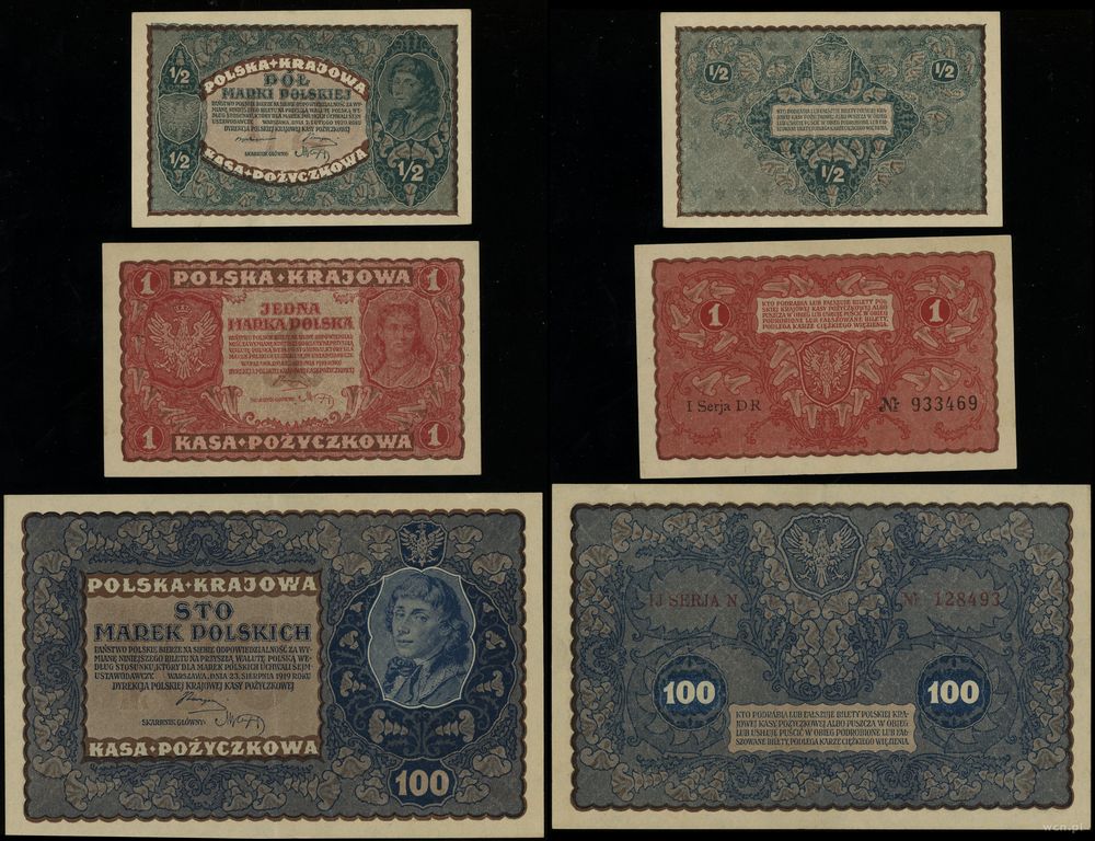 Polska, zestaw: 1/2 marki, 1 marka i 100 marek polskich, 1919–1920