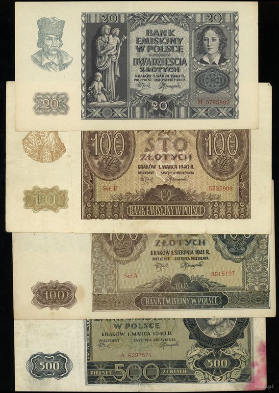 Polska, zestaw 4 banknotów, 1940–1941