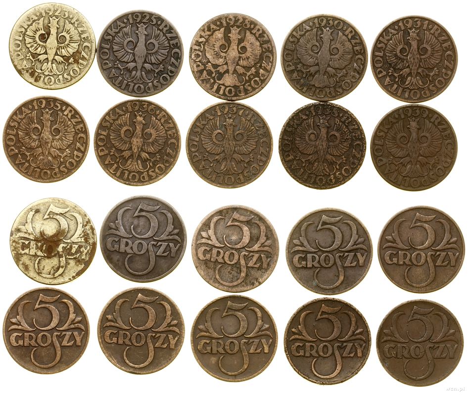Polska, zestaw: 10 x 5 groszy, 1923–1939