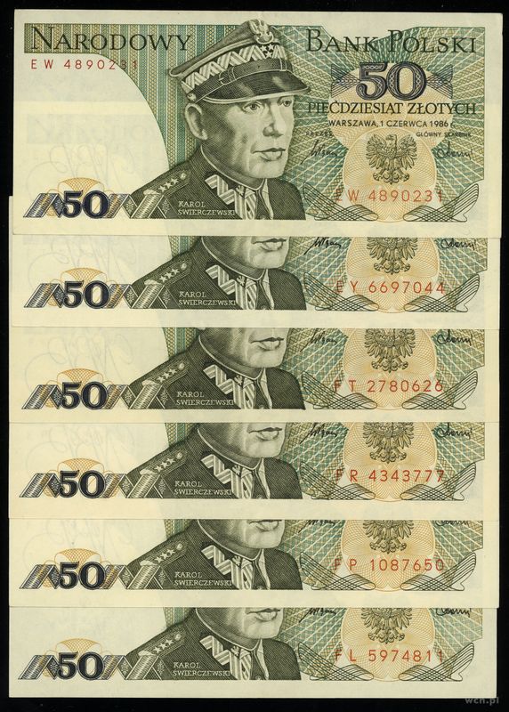 Polska, zestaw: 6 x 50 złotych, 1.06.1986