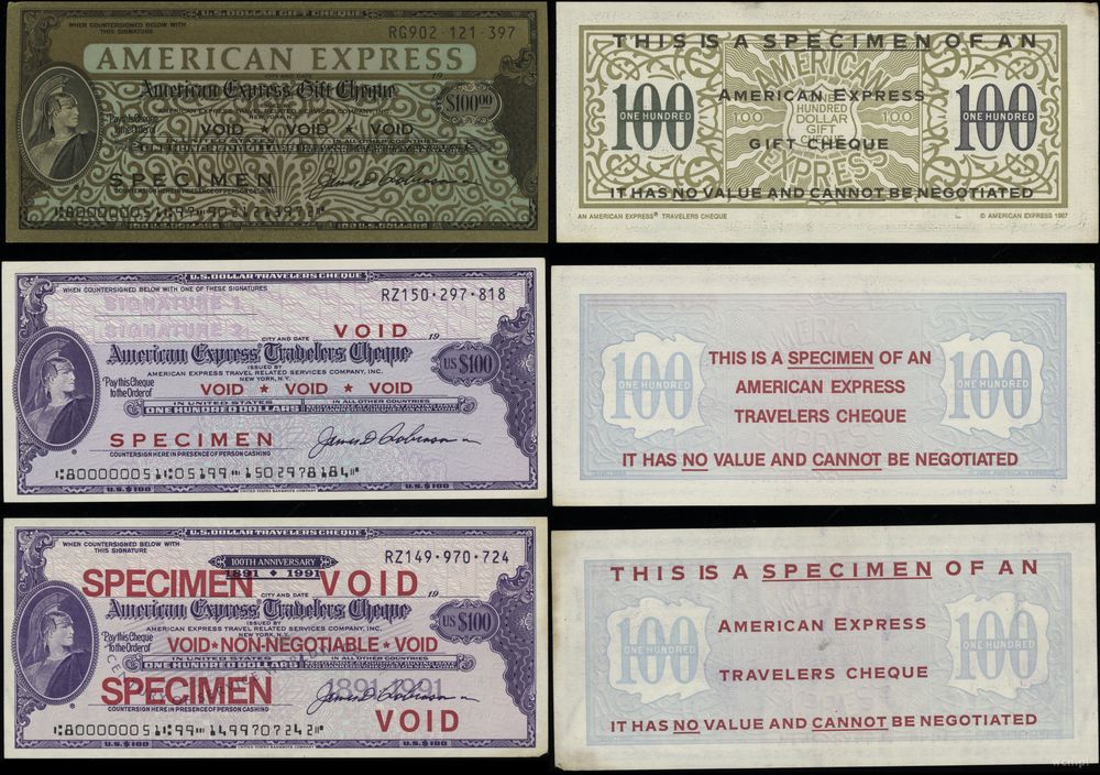 USA, zestaw 3 czeków podróżnych wartości 100 dolarów każdy, lata 80–90 XX wieku