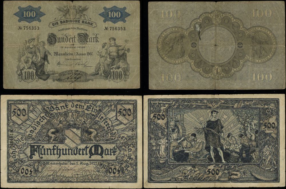 Niemcy, zestaw 6 banknotów, 1907–1923