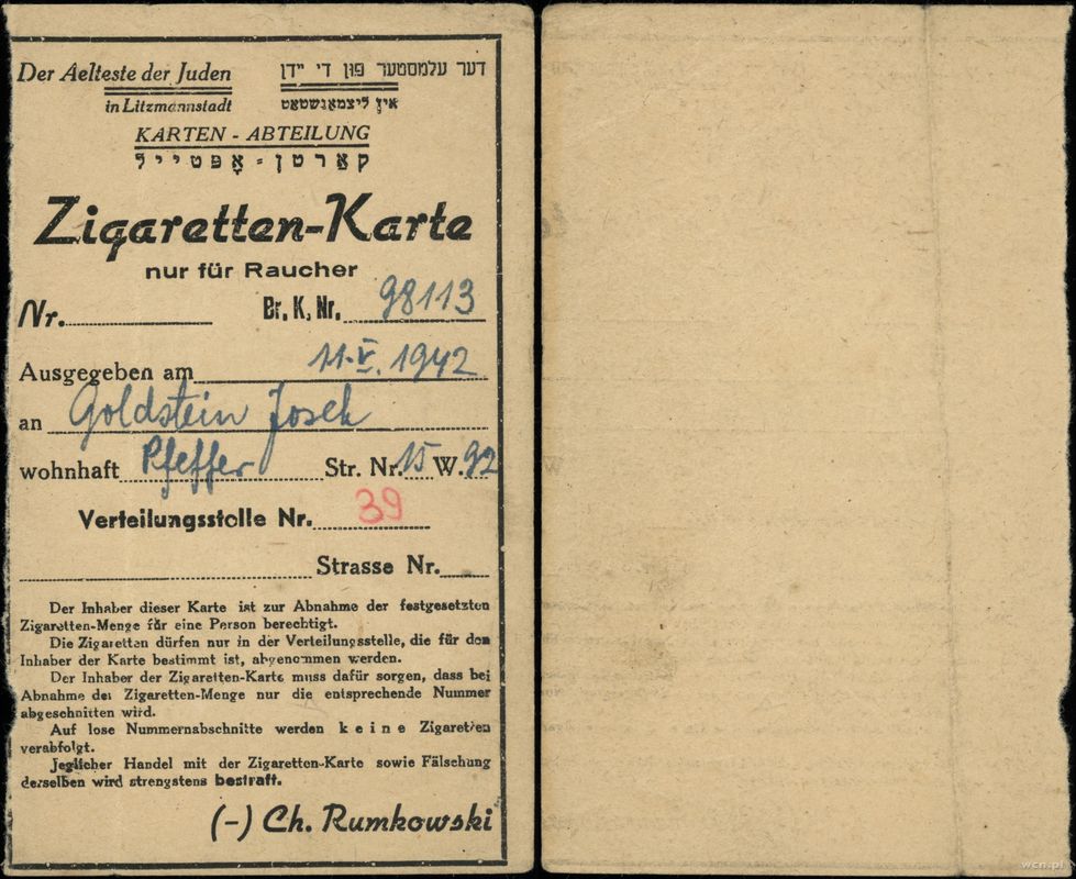 Polska, kartka na papierosy wystawiona dla Joska Goldstein'a, 1942