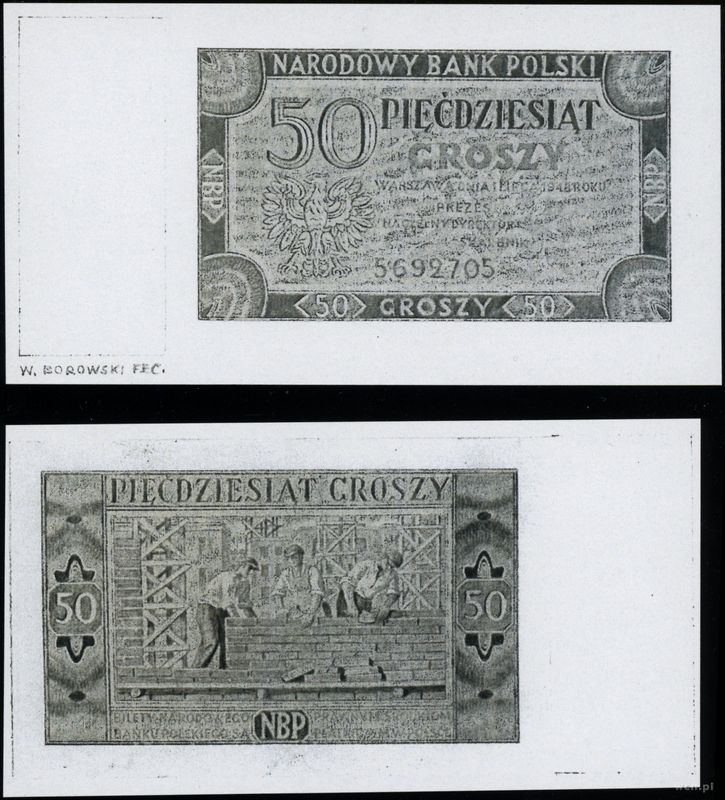 Polska, zestaw: 2 x kopia projektu banknotu 50 groszy, 1.07.1948
