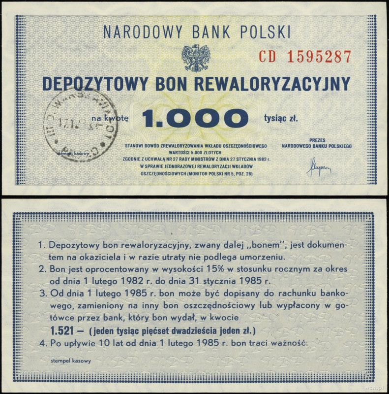 Polska, depozytowy bon rewaloryzacyjny na 1.000 złotych, 1982