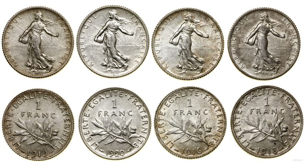 Francja, zestaw: 4 x 1 frank, 1915–1920