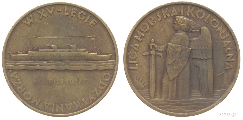 Polska, Medal autorstwa T. Breyer'a z okazji XV-lecia odzyskania morza, Liga.., (1933)