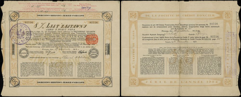 Polska, 8% list zastawny na 50 dolarów, 19.09.1924