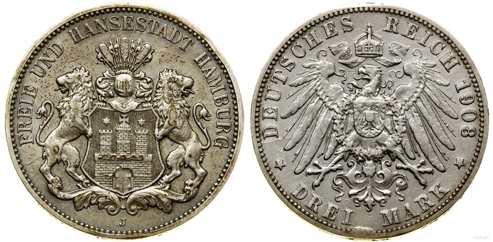 Niemcy, 3 marki, 1908 J