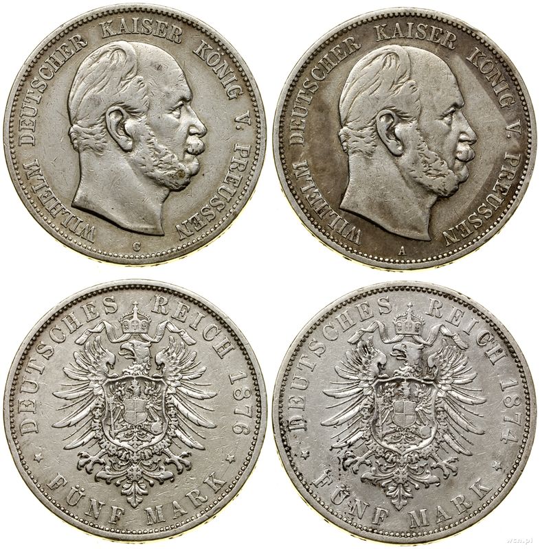 Niemcy, zestaw: 2 x 5 marek, 1874 A i 1876 C
