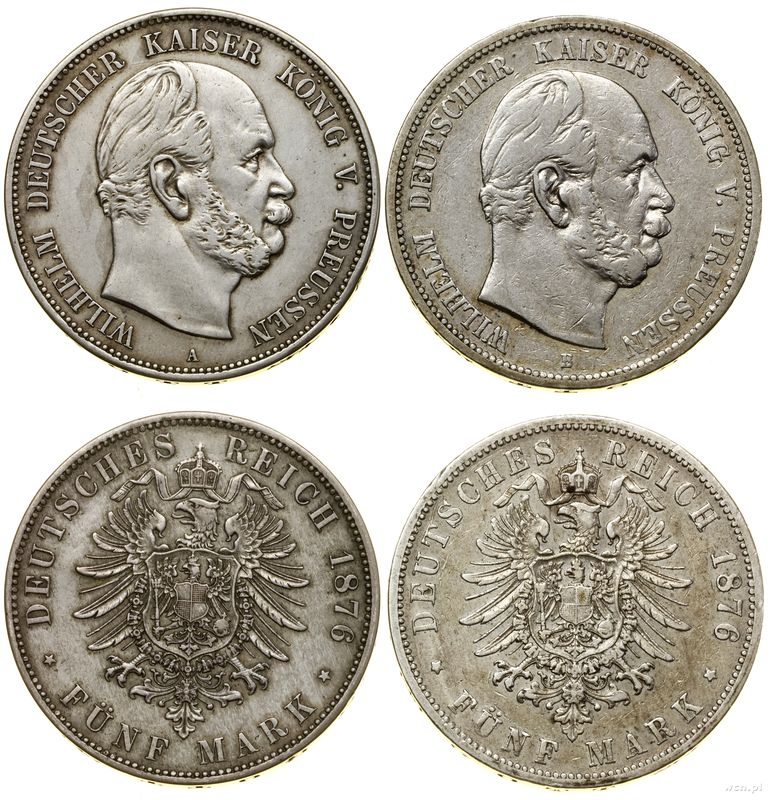 Niemcy, zestaw: 2 x 5 marek, 1876 A, B