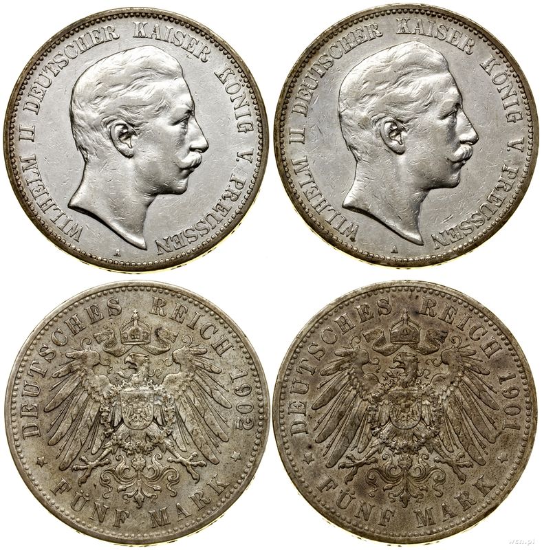 Niemcy, zestaw: 2 x 5 marek, 1901 i 1902