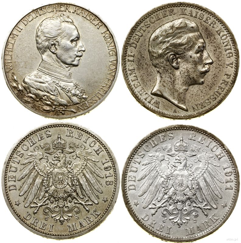 Niemcy, zestaw: 2 x 3 marki, 1911 i 1913