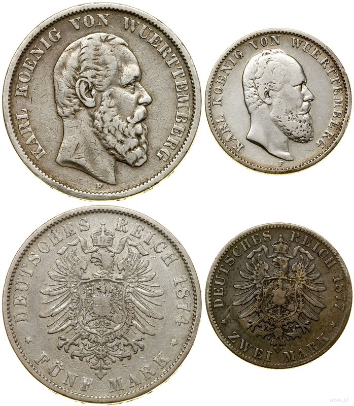 Niemcy, zestaw: 5 marek i 2 marki, 1874 i 1877