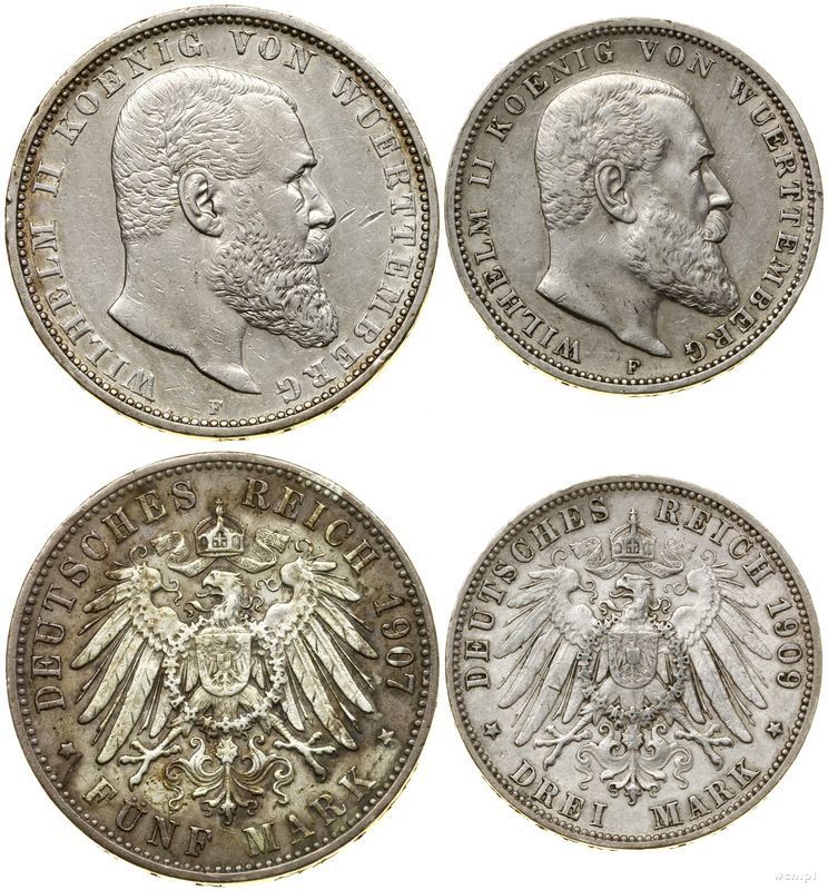 Niemcy, zestaw: 5 marek i 3 marki, 1907 i 1909