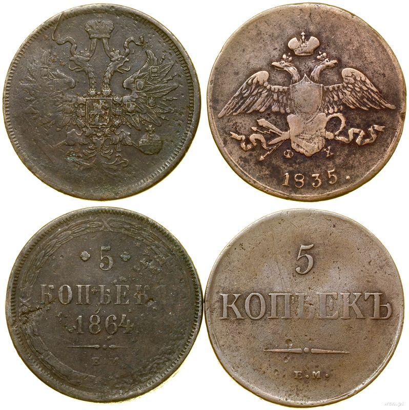 Rosja, zestaw: 2 x 5 kopiejek, 1835 (EM-ФХ) i 1864 (EM)