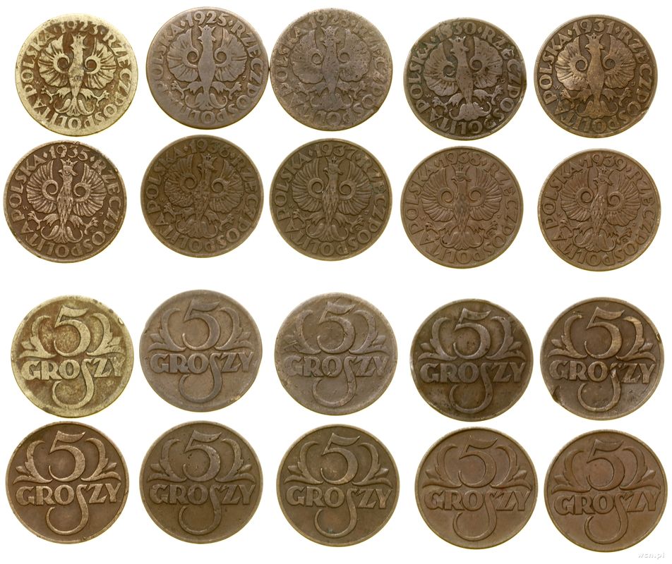 Polska, zestaw: 10 x 5 groszy, 1923–1939