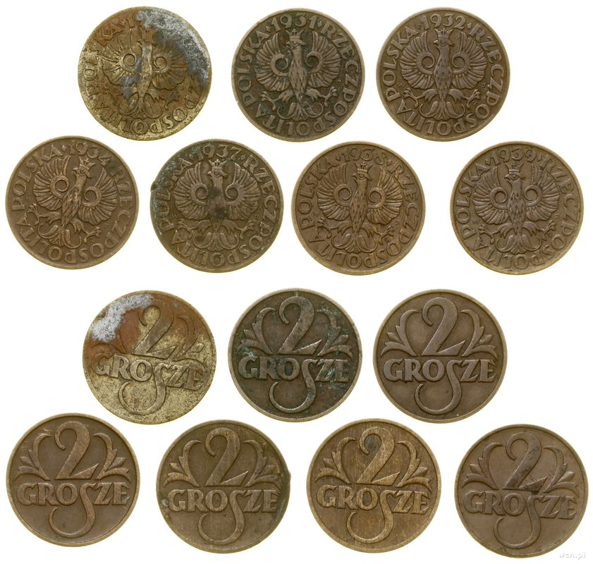 Polska, zestaw 7 x 2 grosze, 1923, 1931, 1932, 1934, 1937, 1938, 1939