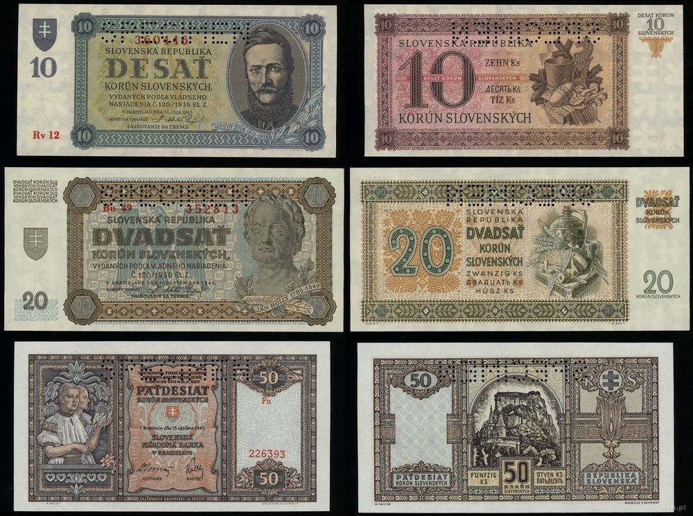 Słowacja, zestaw 3 banknotów (SPECIMEN), 1940–1943