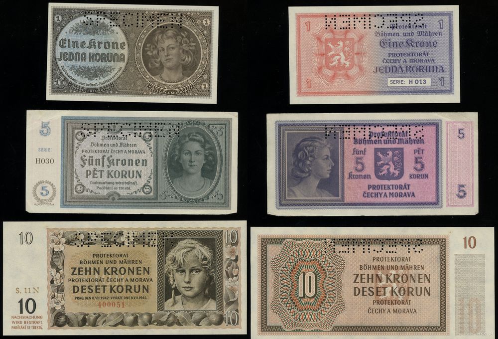 Protektorat Czech i Moraw (1939–1945), zestaw 3 banknotów (SPECIMEN), 1940–1942