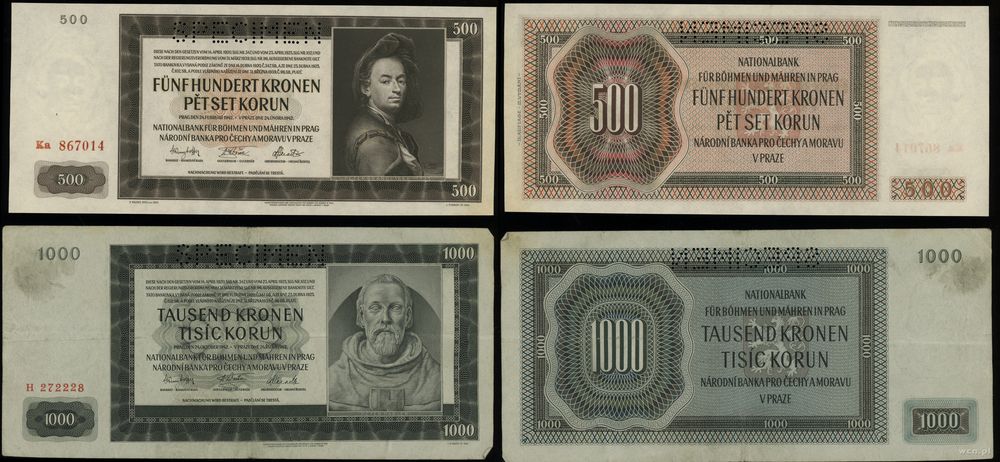 Protektorat Czech i Moraw (1939–1945), zestaw 2 banknotów (SPECIMEN), 1942