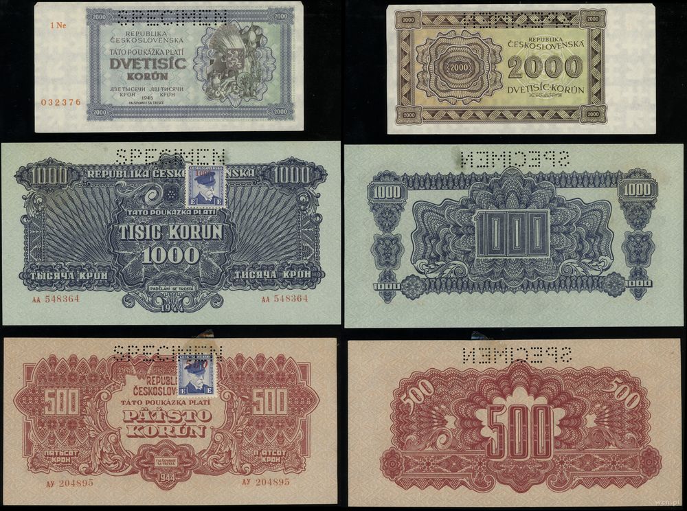 Czechosłowacja, zestaw 5 banknotów (SPECIMEN), 1929–1945