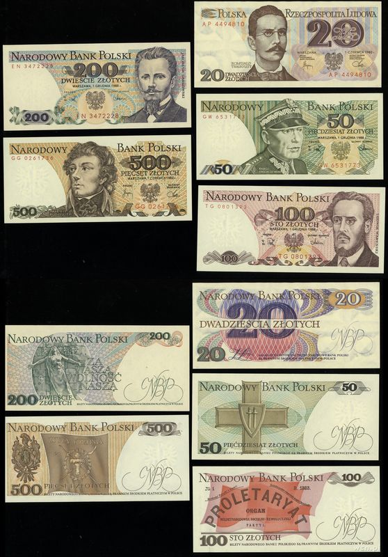Polska, zestaw 5 banknotów, 1982–1988