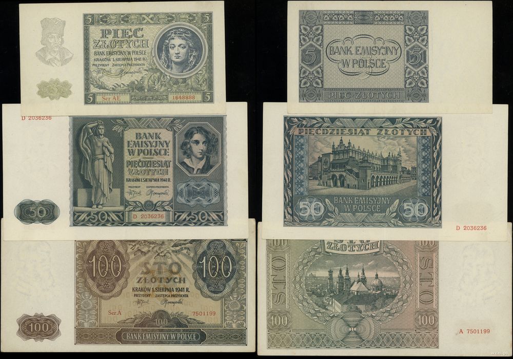 Polska, zestaw 3 banknotów, 1.08.1941