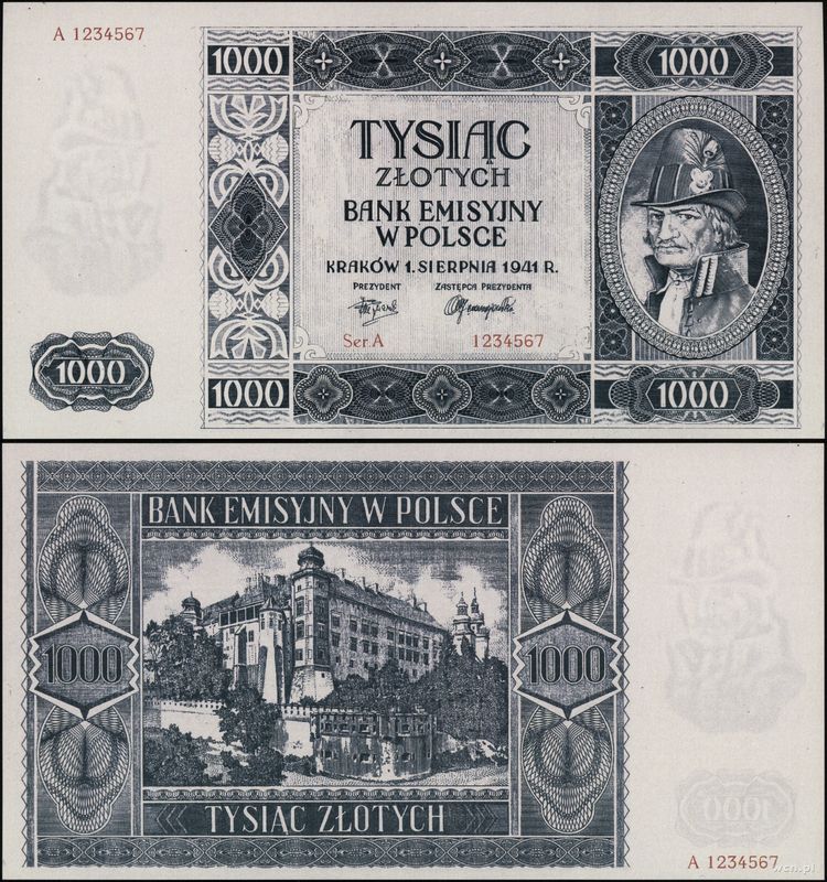 Polska, rekonstrukcja banknotu o nominale 1.000 złotych (niewprowadzonego do obiegu), 1.08.1941