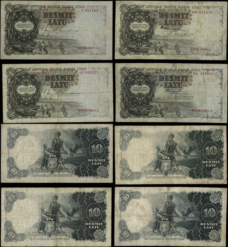 Łotwa, zestaw: 4 x 10 łatów, 1937, 1938, 1939, 1940