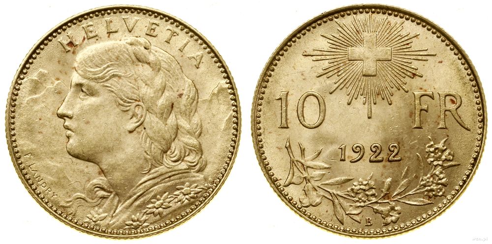 Szwajcaria, 10 franków, 1922 B