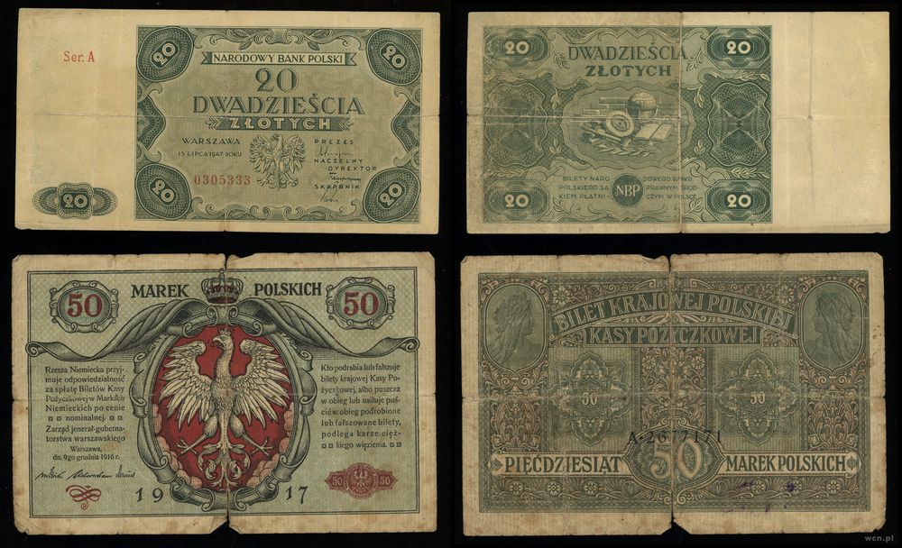 Polska, zestaw 4 banknotów, 1916–1947