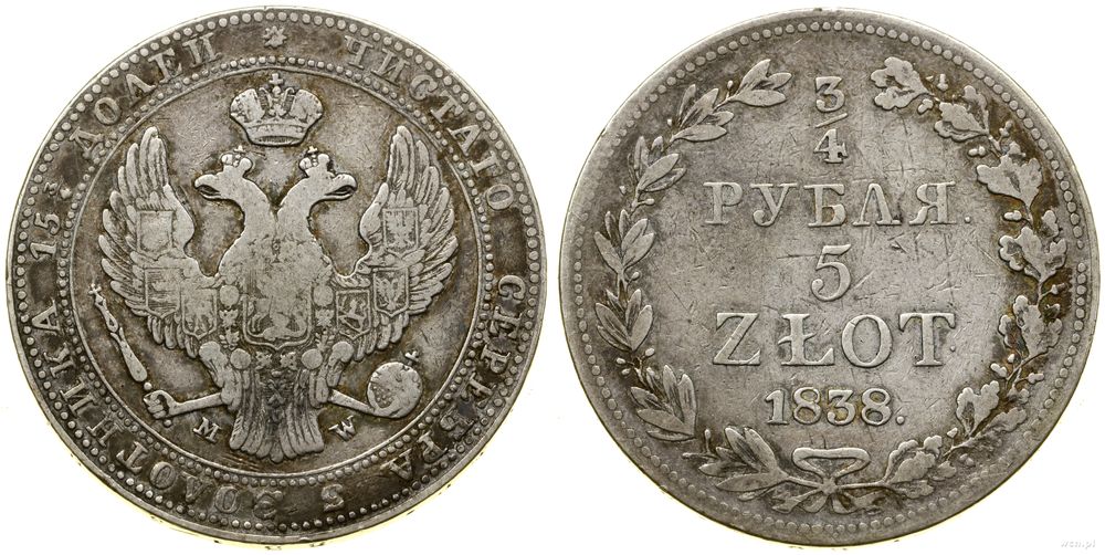 Polska, 3/4 rubla = 5 złotych, 1838 MW