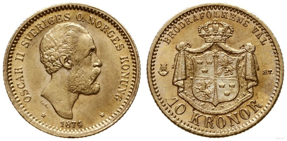 Szwecja, 10 koron, 1874